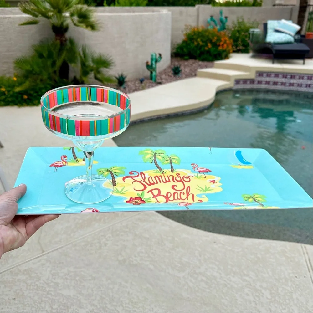 Pink‎ Flamingo Tropical Beach Serving Tray 19x8” Blue Melamine Plastic Platter